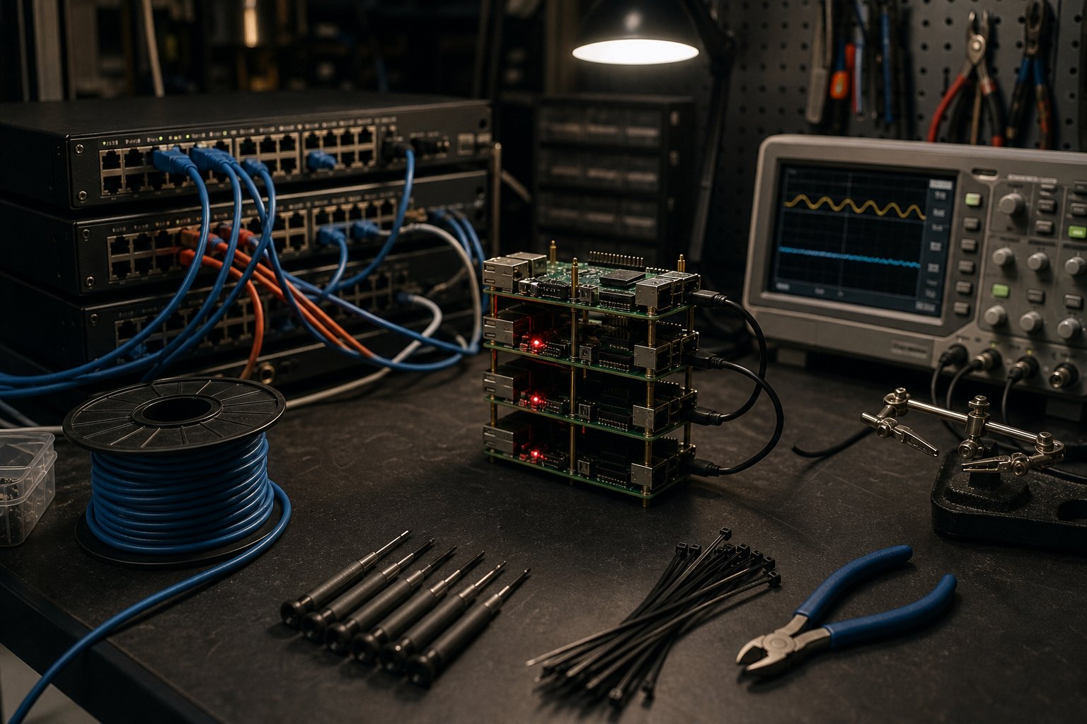 Hardware and networking equipment on a working build bench