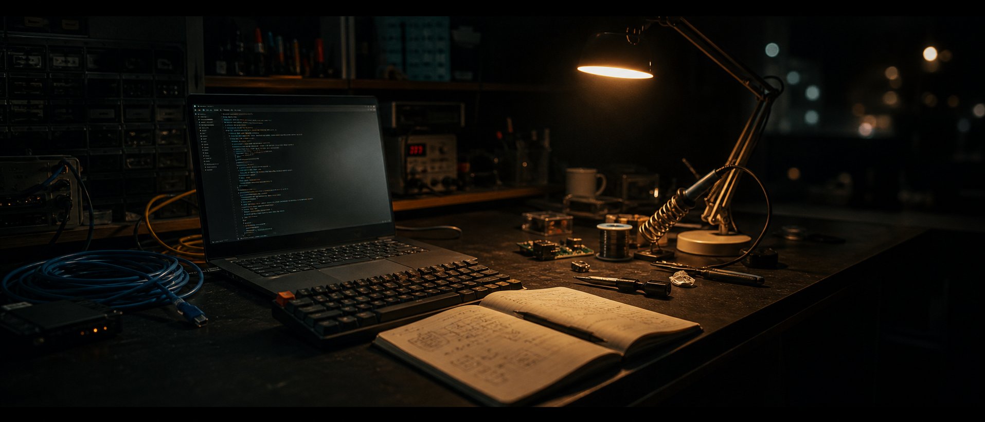 Engineering workbench with a laptop, notebook, cabling and desk light