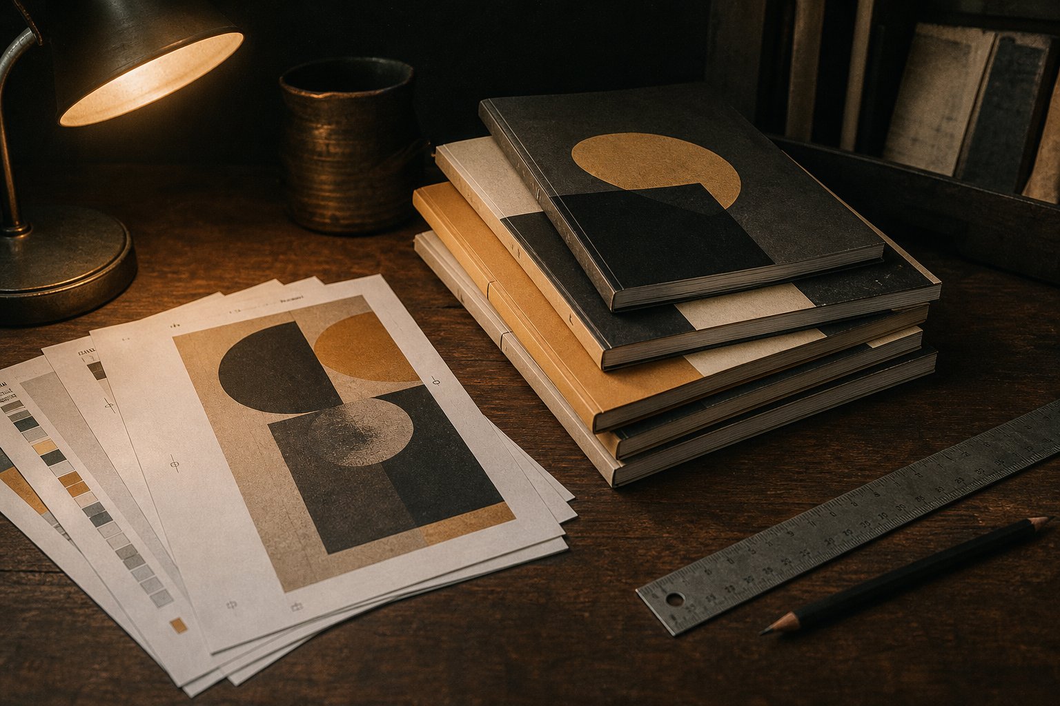 Matte booklets and proof pages on a dark walnut desk under warm lamp light