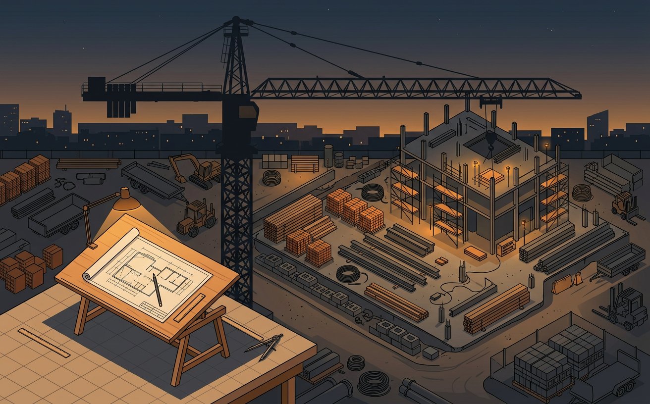 Construction site at dusk for the SiteSupply project