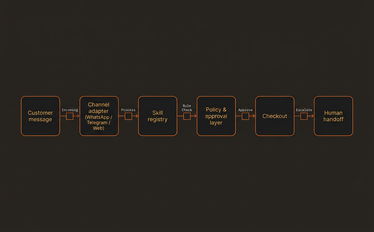 Sivanta system diagram showing channel adapters, policy controls, checkout and human handoff