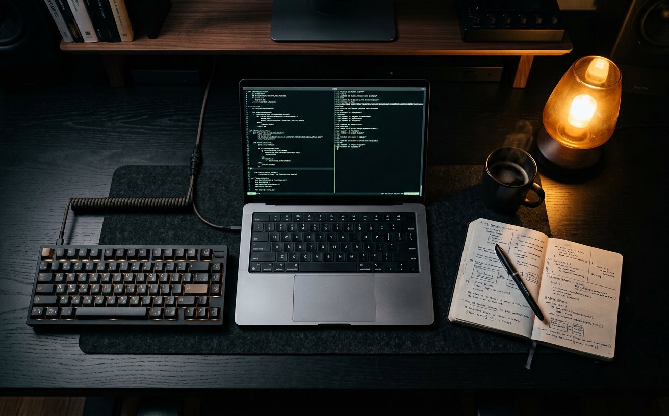 An engineering workspace with a laptop, notebook and desk lamp
