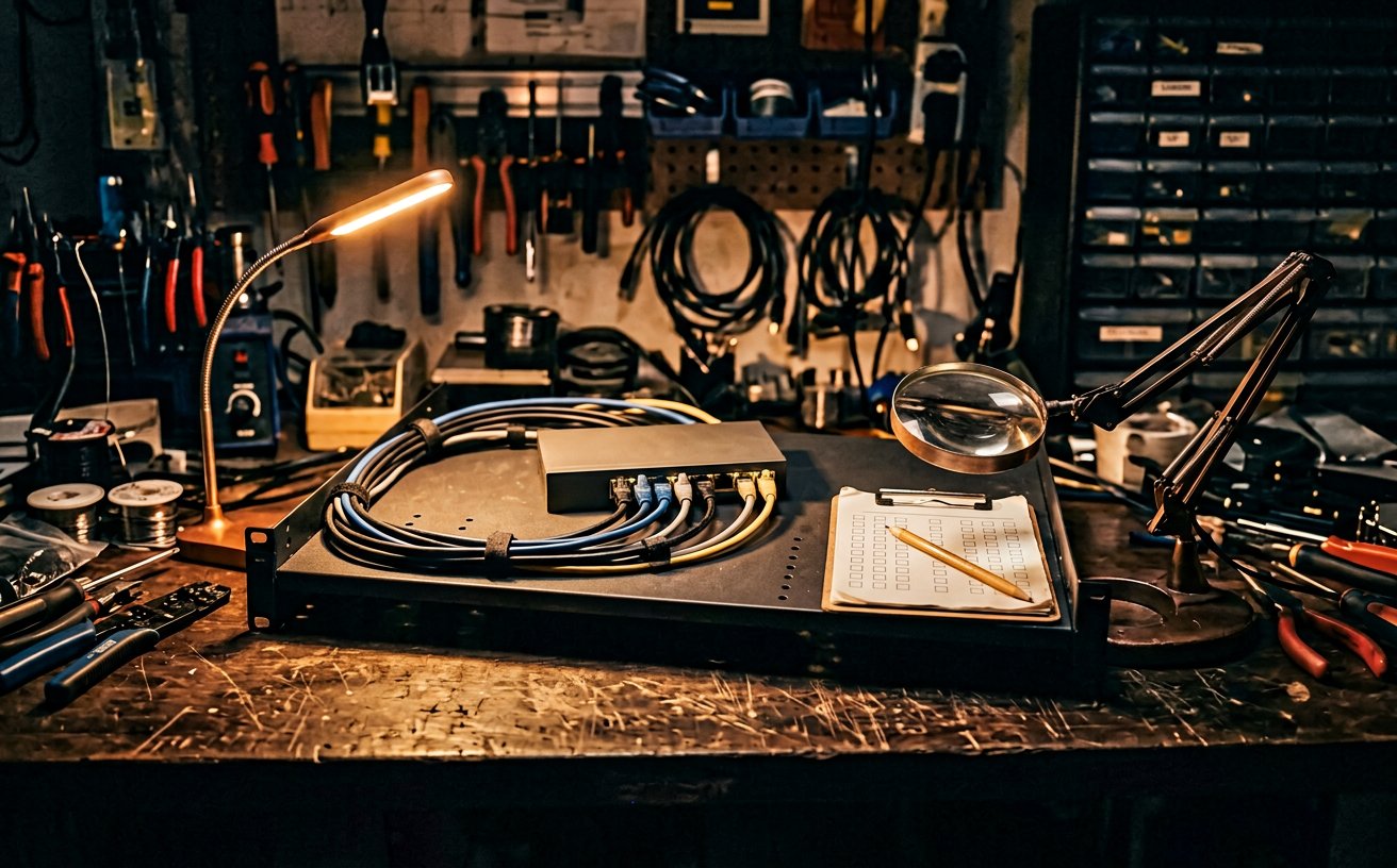 A server rack and a printed checklist on a workbench